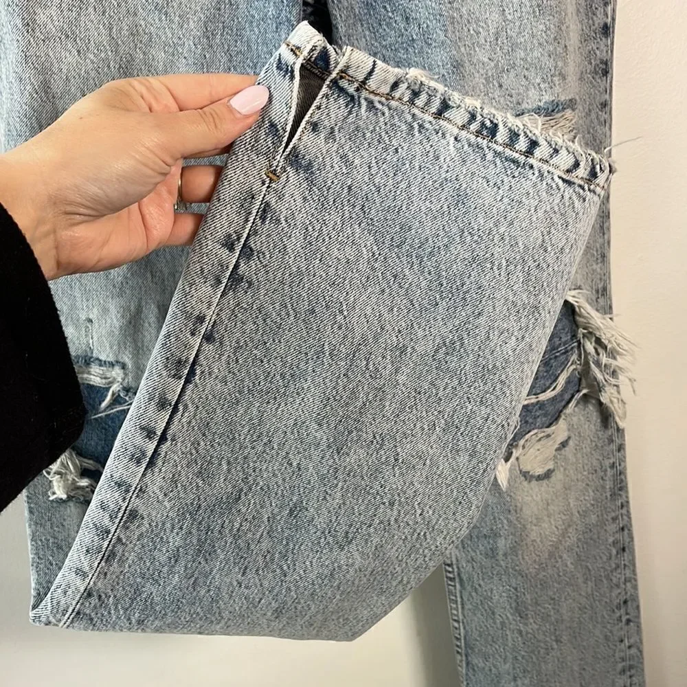 EUC “We The Free” Free People Destroyed Medium Acid Straight Leg Jeans Size  28 - Picture 4 of 13